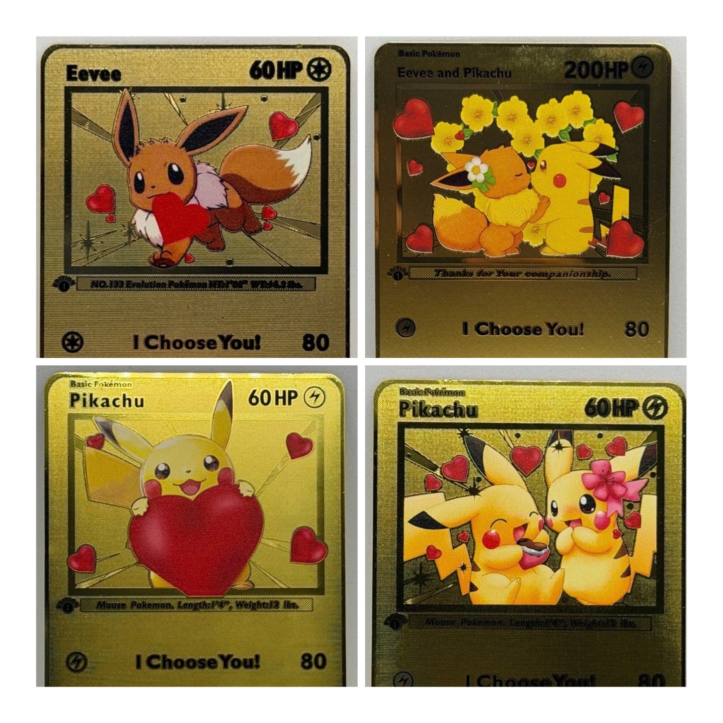 Metallkarten als Geschenk für den Partner: Pikachu - Evoli - Glumanda - Mew - Schiggy - Pumeluff - Bisasam